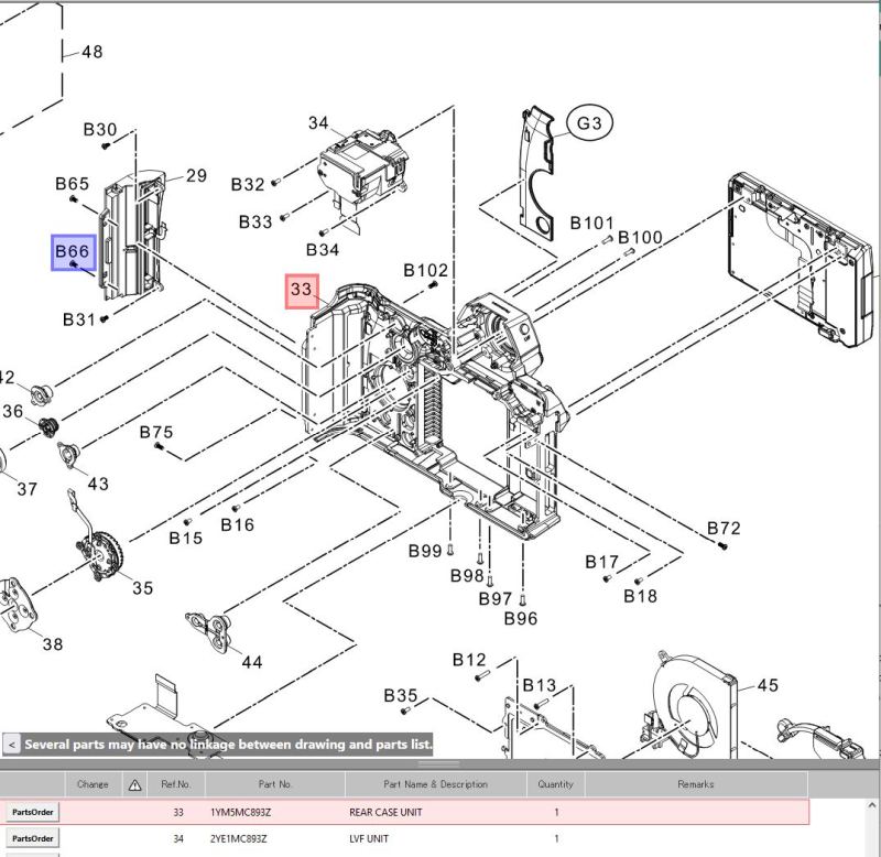 Lumix S1H rear shell part diagram.